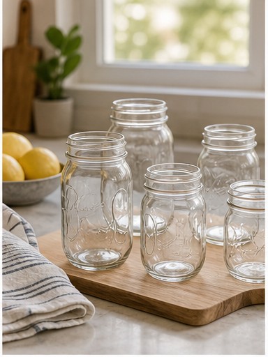 Clean jars prepared on a kitchen counter