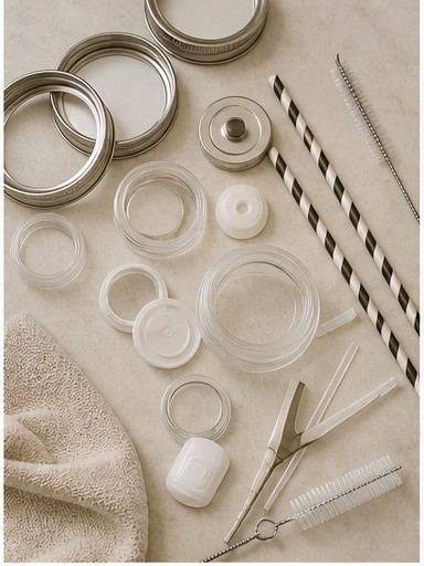 Jar lids, straws, and small accessories arranged on cloth